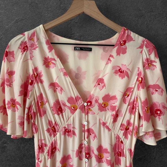 Zara Yellow Pink Floral Button Front Puff Sleeve Midi Dress Size M - Picture 6 of 16